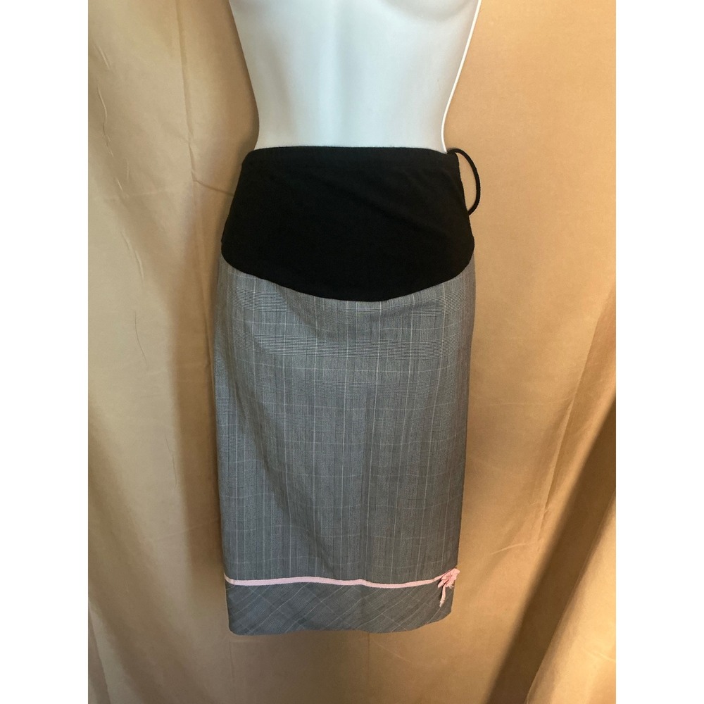 Mimi Maternity Pencil Skirt Women Large Grey Excellent Plaid Pink Ribbon Bow